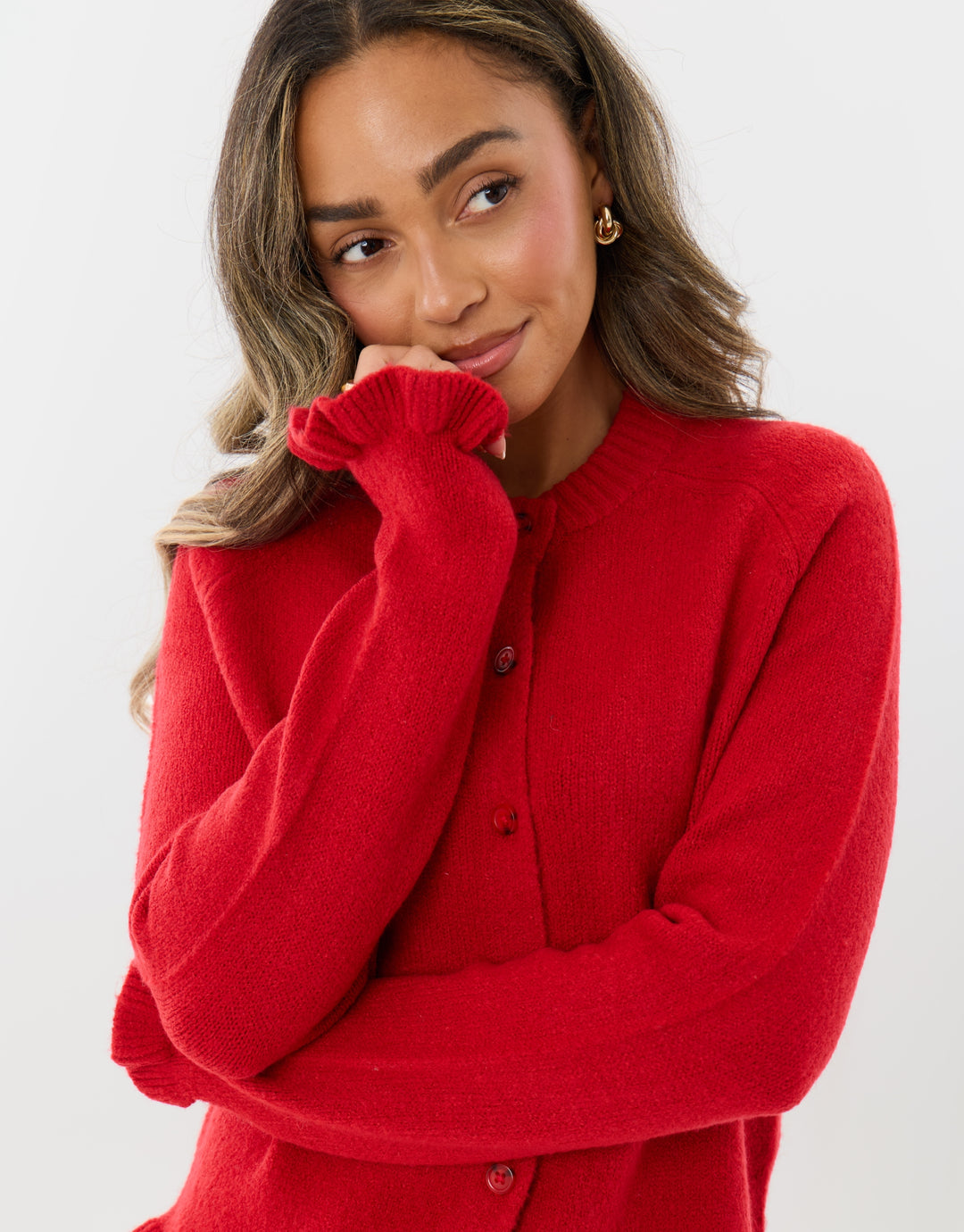 Crew Neck Ruffle Cardigan in Red