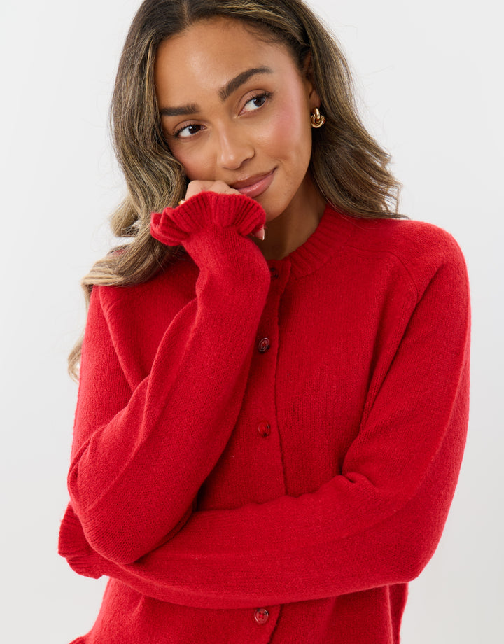 Crew Neck Ruffle Cardigan in Red