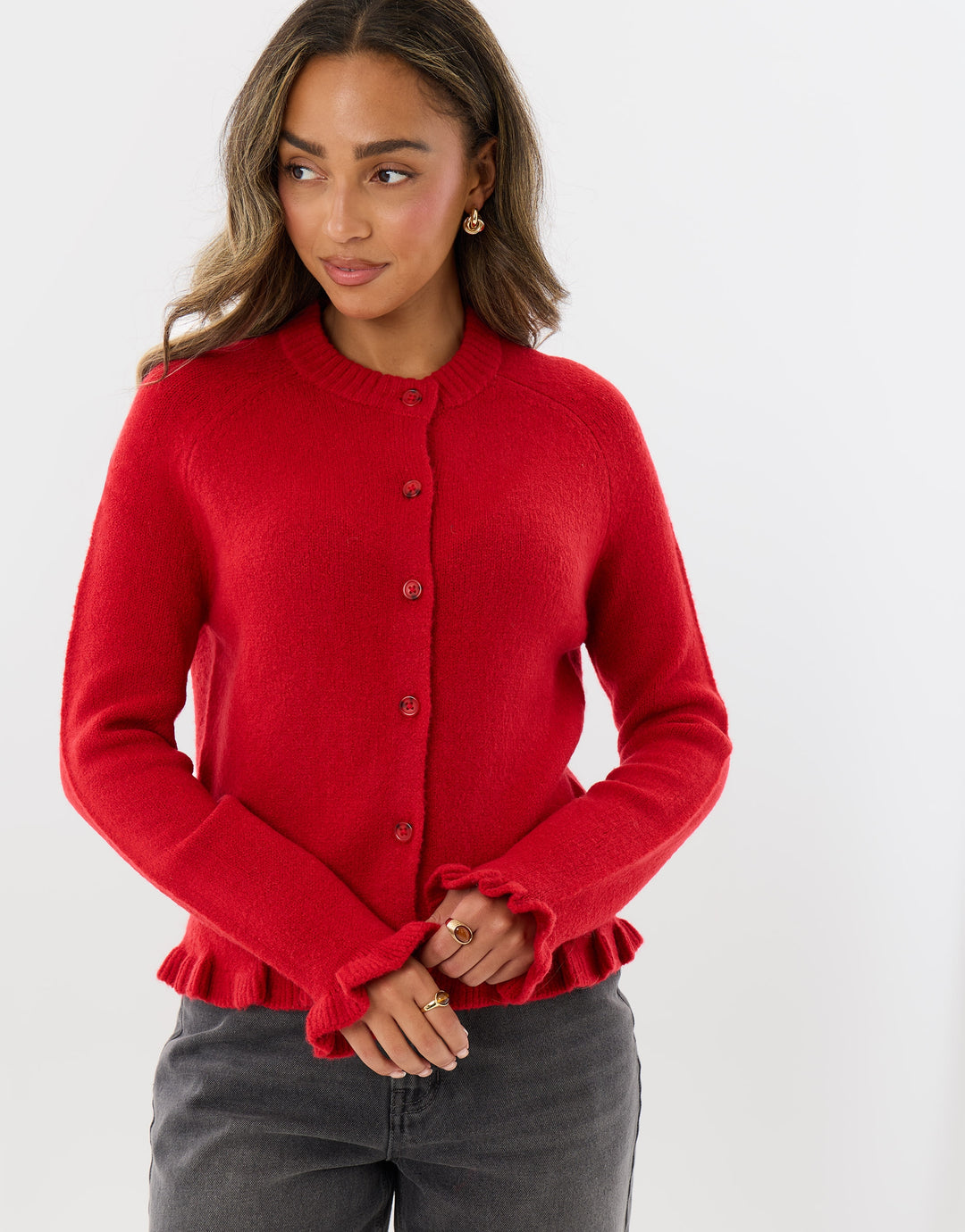 Crew Neck Ruffle Cardigan in Red