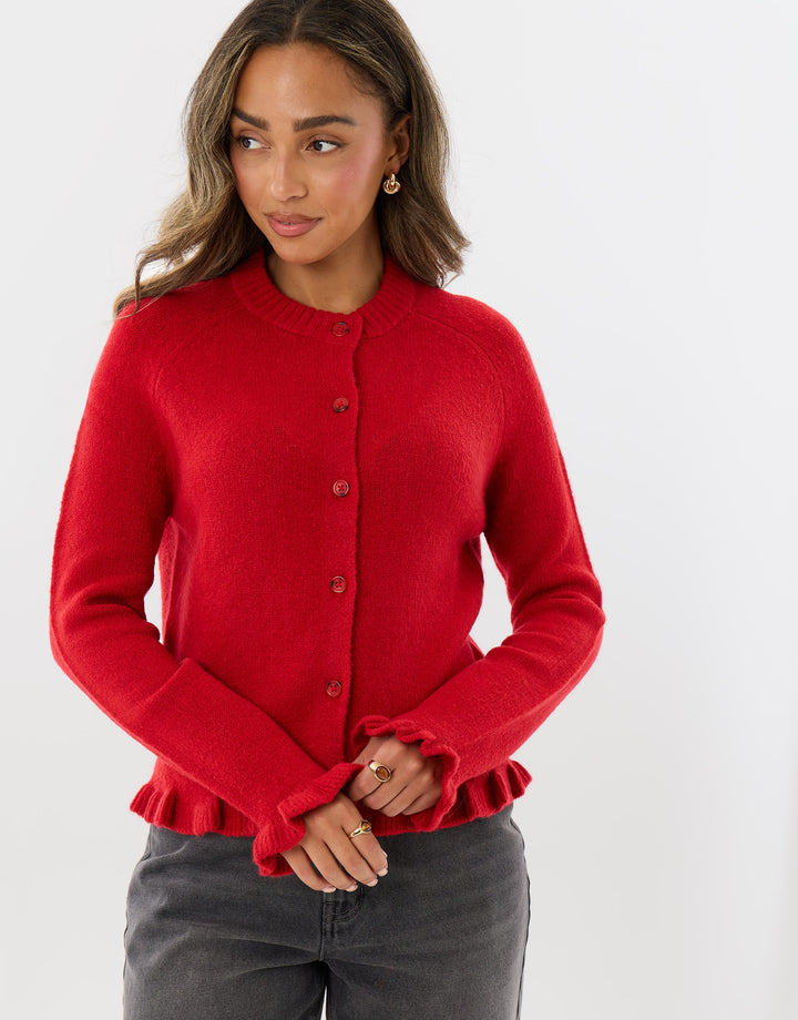 Crew Neck Ruffle Cardigan in Red