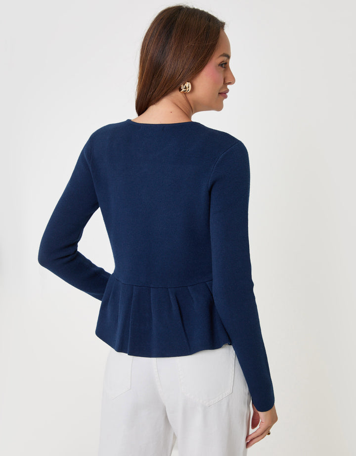 Threadbare Crew Neck Peplum Cardigan in Navy - back view