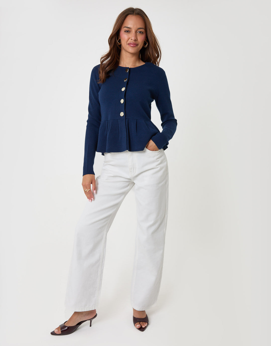 Threadbare Crew Neck Peplum Cardigan in Navy - full body