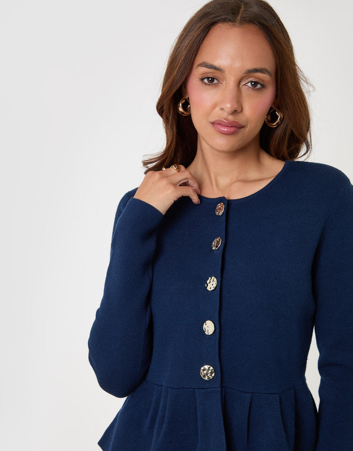 Threadbare Crew Neck Peplum Cardigan in Navy - close up