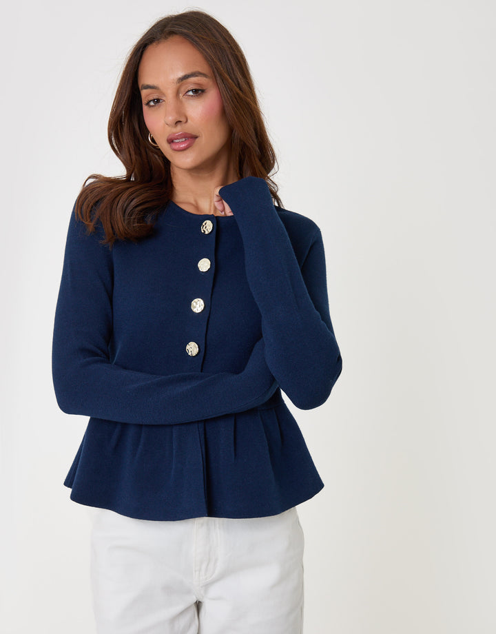 Threadbare Crew Neck Peplum Cardigan in Navy - front view