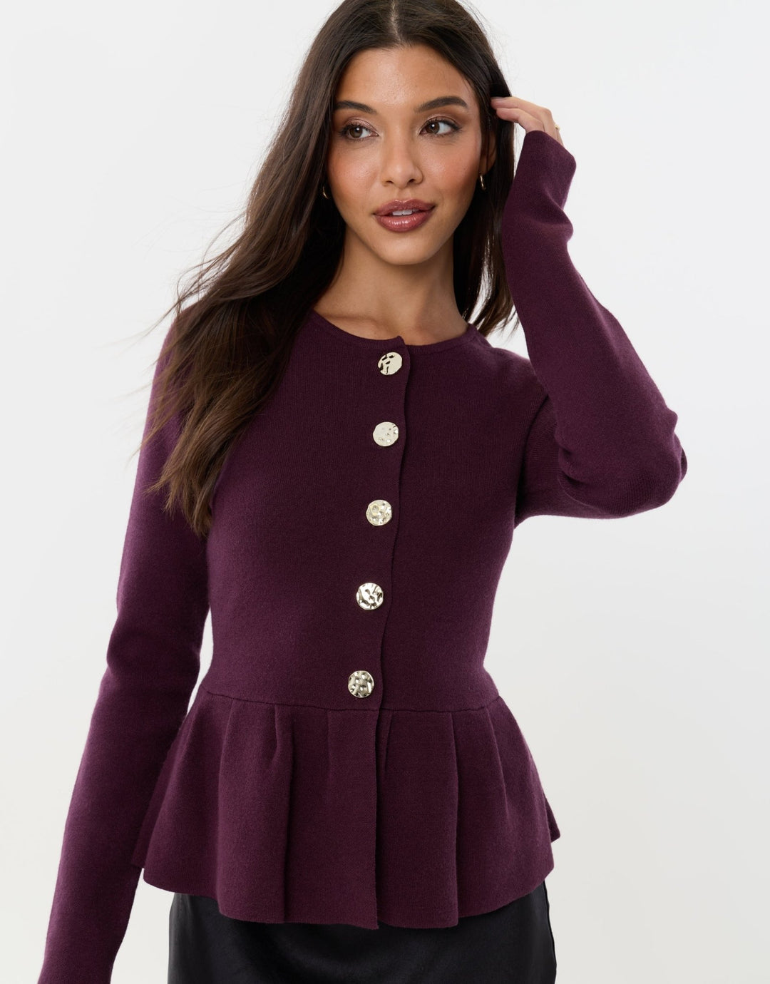 Crew Neck Peplum Cardigan in Plum