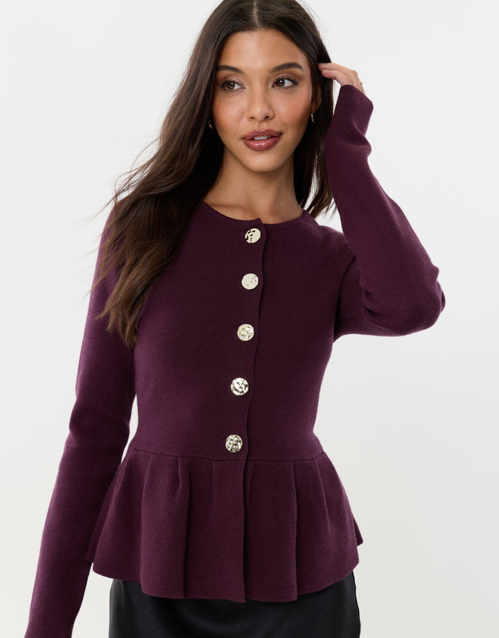 Crew Neck Peplum Cardigan in Plum