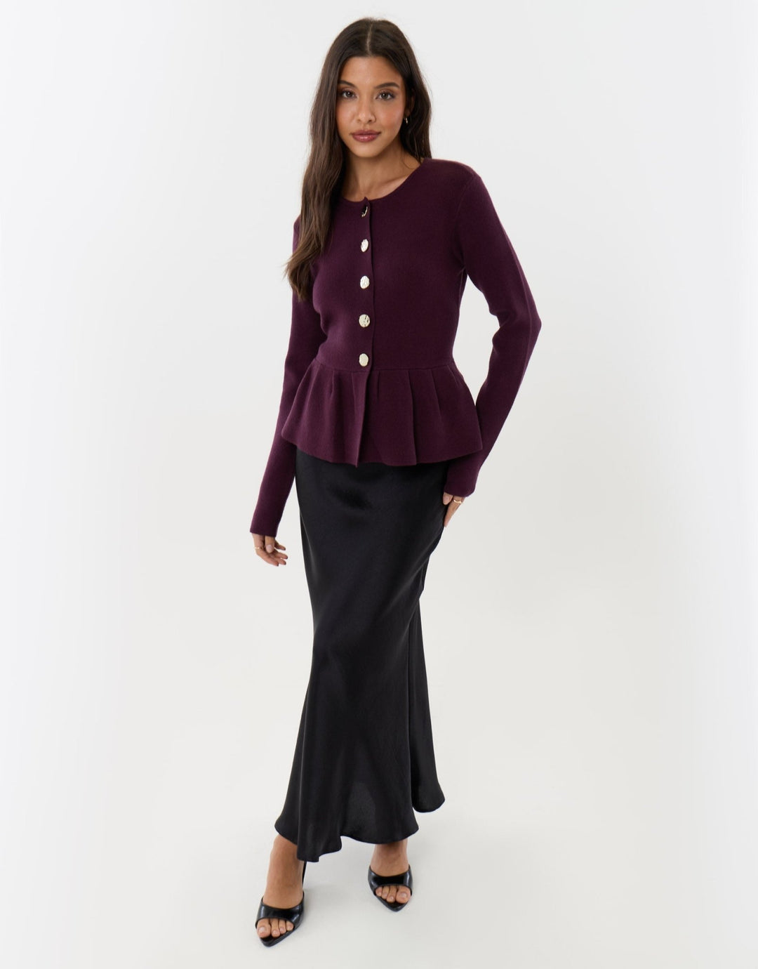 Crew Neck Peplum Cardigan in Plum