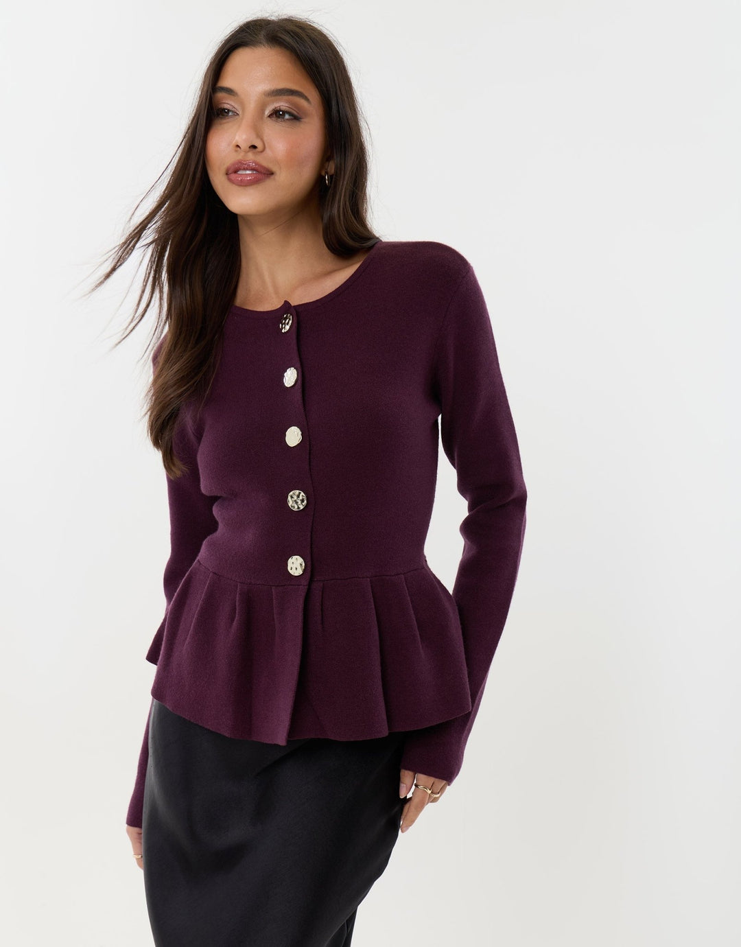 Crew Neck Peplum Cardigan in Plum