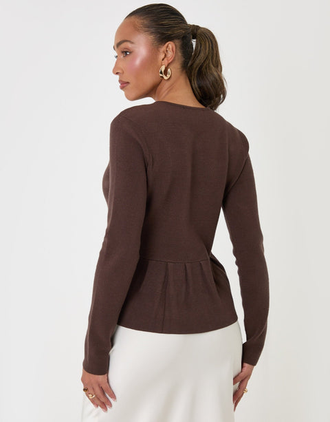 Threadbare Crew Neck Peplum Cardigan in Chocolate Brown - back view