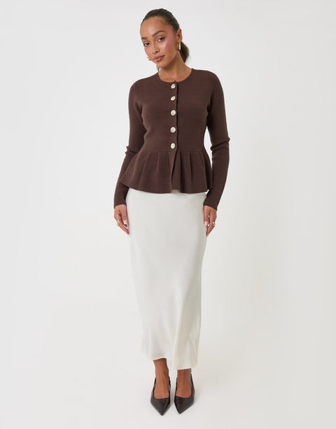 Threadbare Crew Neck Peplum Cardigan in Chocolate Brown - full body