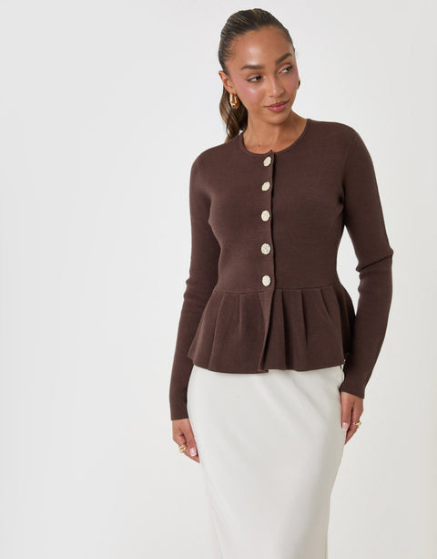 Threadbare Crew Neck Peplum Cardigan in Chocolate Brown - front view