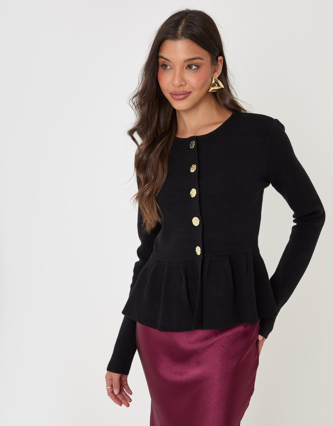 Threadbare Crew Neck Peplum Cardigan in Black - front view