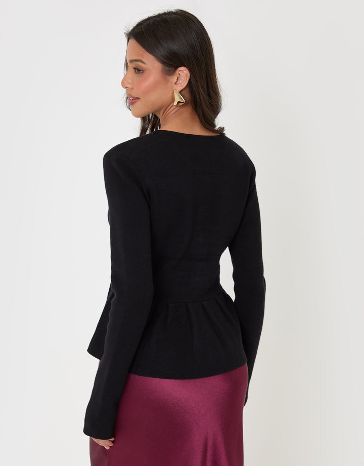 Threadbare Crew Neck Peplum Cardigan in Black - back view