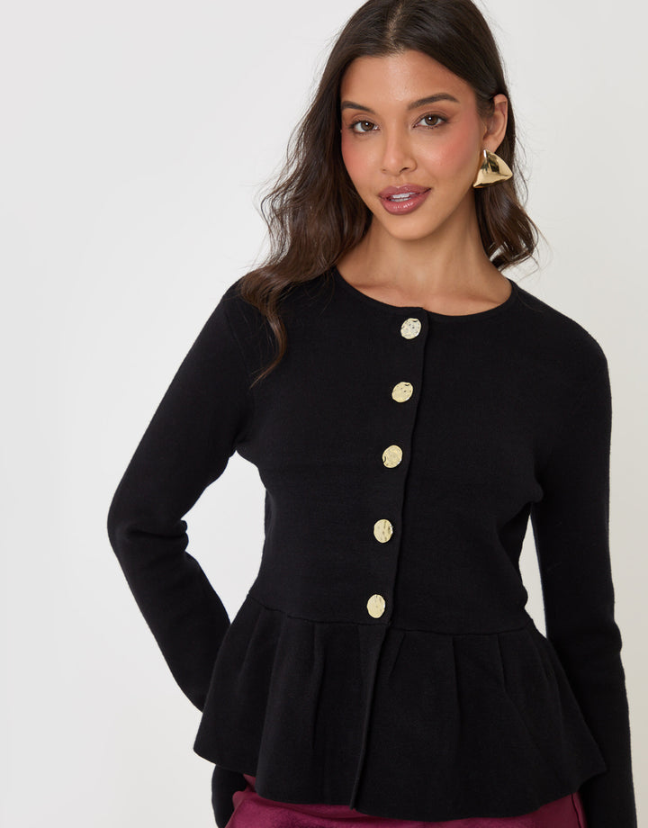 Threadbare Crew Neck Peplum Cardigan in Black - close up