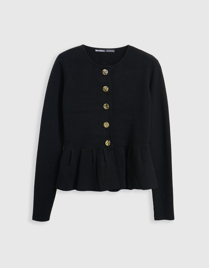 Threadbare Crew Neck Peplum Cardigan in Black - mannequin image
