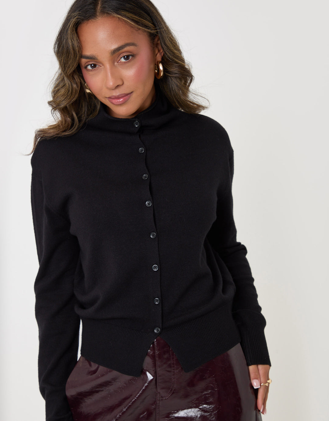 Threadbare Compact Knit Funnel Neck Cardigan in Black - full body