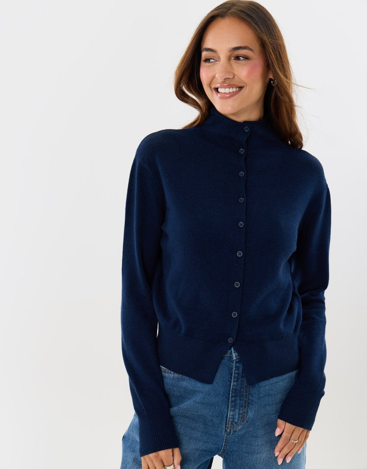 Compact Knit Funnel Neck Cardigan in Navy
