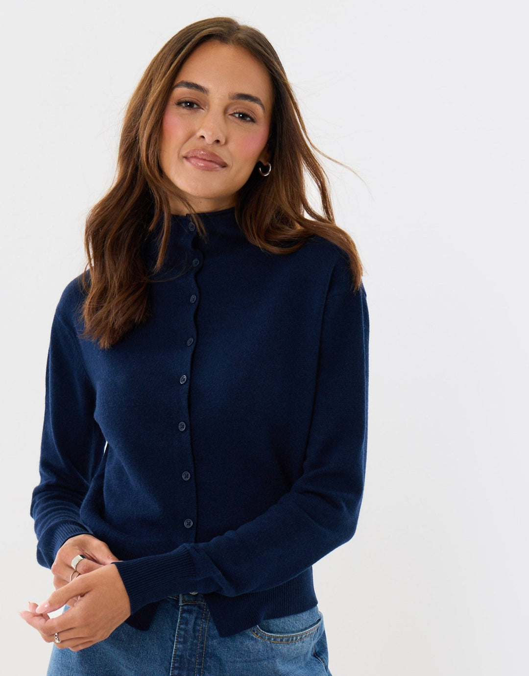 Compact Knit Funnel Neck Cardigan in Navy