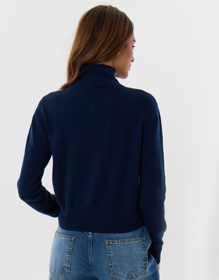 Compact Knit Funnel Neck Cardigan in Navy