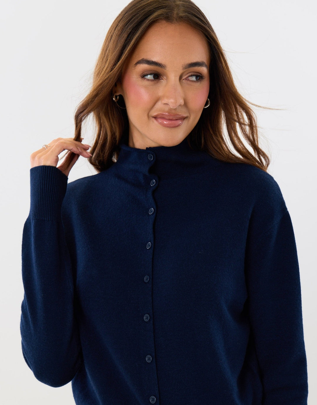 Compact Knit Funnel Neck Cardigan in Navy
