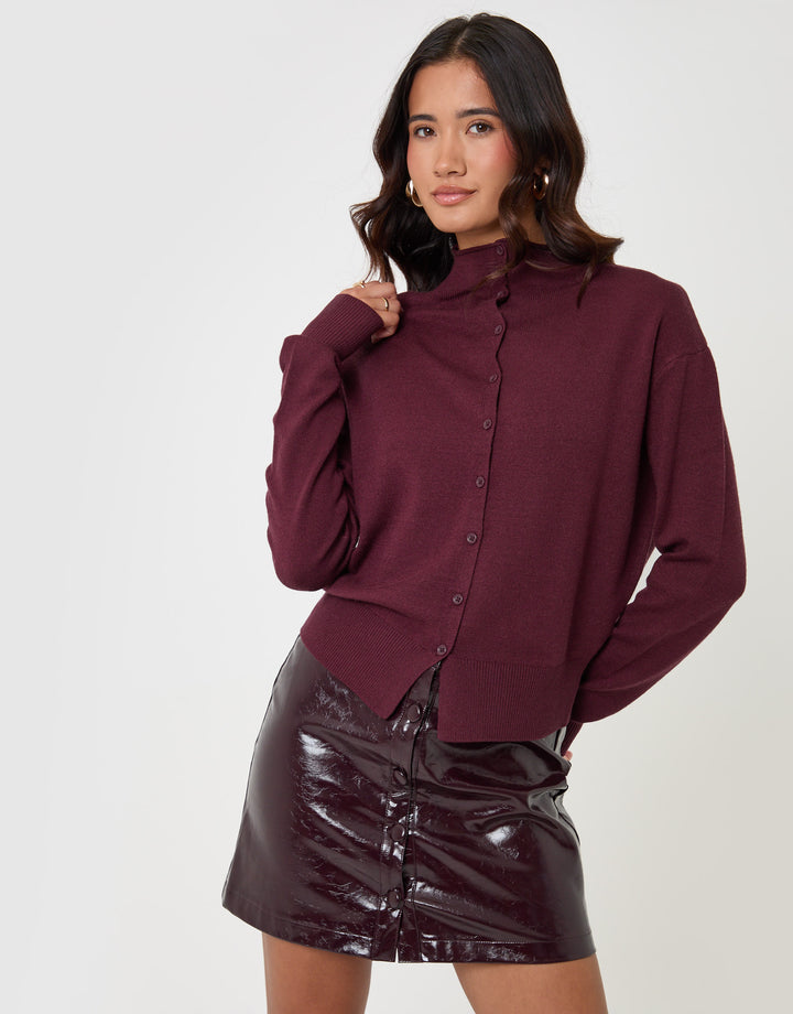 Threadbare Compact Knit Funnel Neck Cardigan in Burgundy - front full lean view