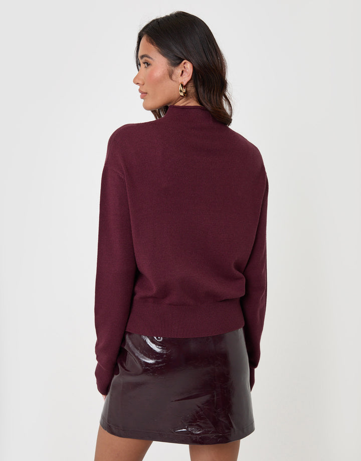 Threadbare Compact Knit Funnel Neck Cardigan in Burgundy - back view