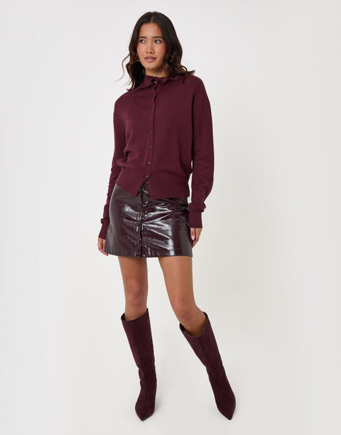 Threadbare Compact Knit Funnel Neck Cardigan in Burgundy - full outfit view