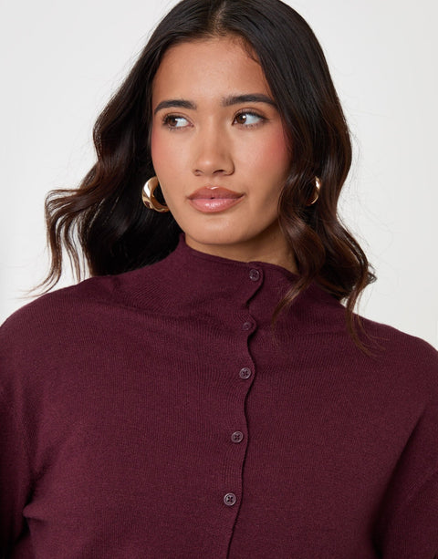Threadbare Compact Knit Funnel Neck Cardigan in Burgundy - front detail view