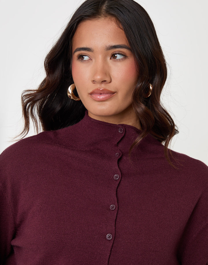 Threadbare Compact Knit Funnel Neck Cardigan in Burgundy - front detail view