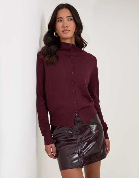 Threadbare Compact Knit Funnel Neck Cardigan in Burgundy - leaning front view