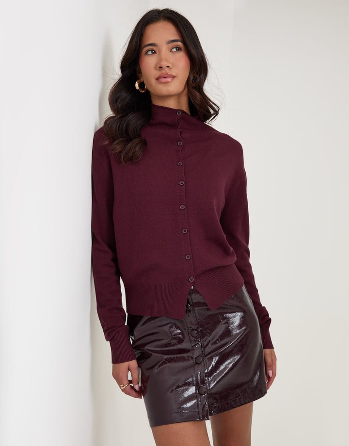 Threadbare Compact Knit Funnel Neck Cardigan in Burgundy - leaning front view