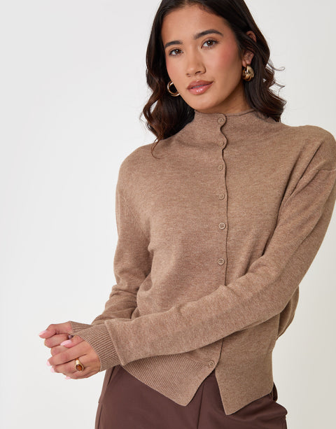 Threadbare Compact Knit Funnel Neck Cardigan in Beige - front view holding cuffs