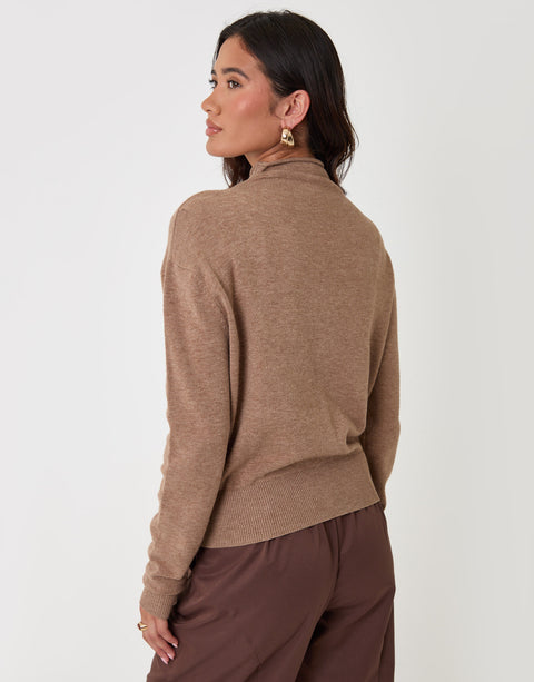 Threadbare Compact Knit Funnel Neck Cardigan in Beige - back view