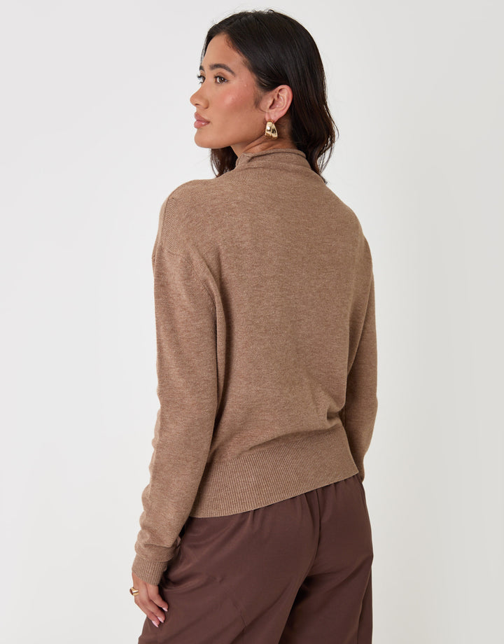 Threadbare Compact Knit Funnel Neck Cardigan in Beige - back view