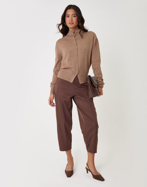 Threadbare Compact Knit Funnel Neck Cardigan in Beige - full view