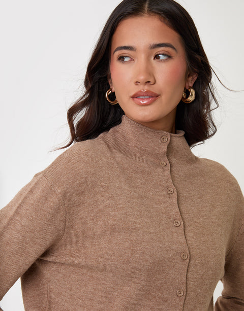 Threadbare Compact Knit Funnel Neck Cardigan in Beige - front detail view