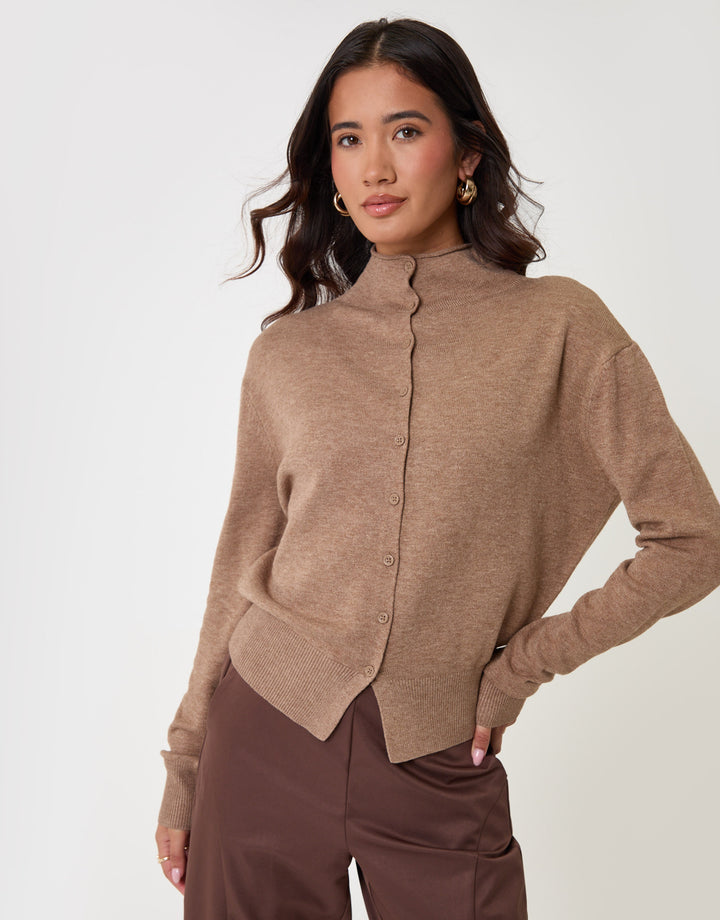 Threadbare Compact Knit Funnel Neck Cardigan in Beige - front view