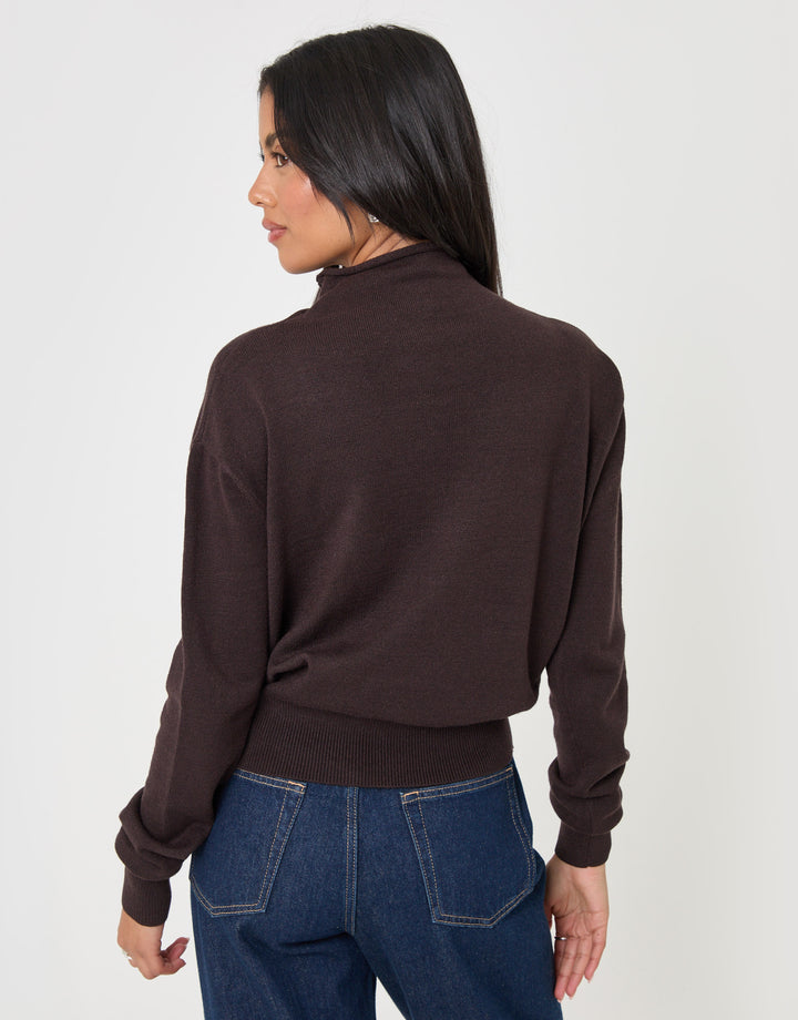 Threadbare Compact Knit Funnel Neck Cardigan in Chocolate Brown - back view