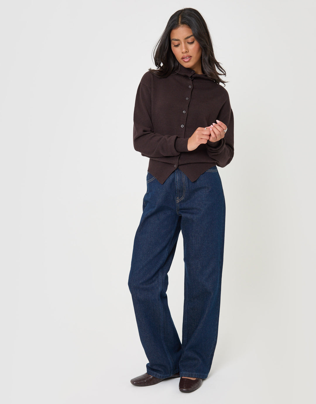 Threadbare Compact Knit Funnel Neck Cardigan in Chocolate Brown - full body