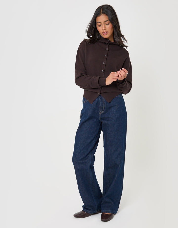 Threadbare Compact Knit Funnel Neck Cardigan in Chocolate Brown - full body