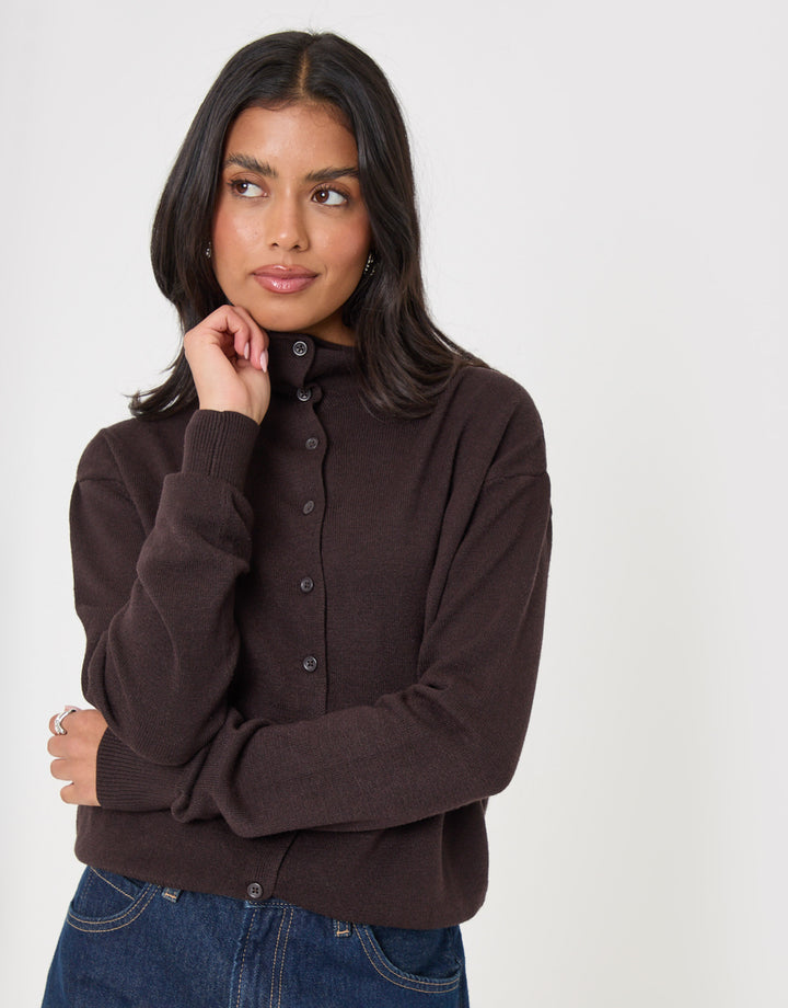 Threadbare Compact Knit Funnel Neck Cardigan in Chocolate Brown - front view