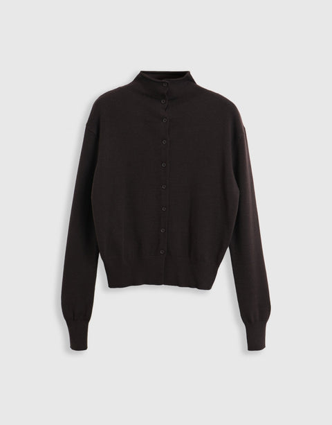Threadbare Compact Knit Funnel Neck Cardigan in Chocolate Brown - mannequin image