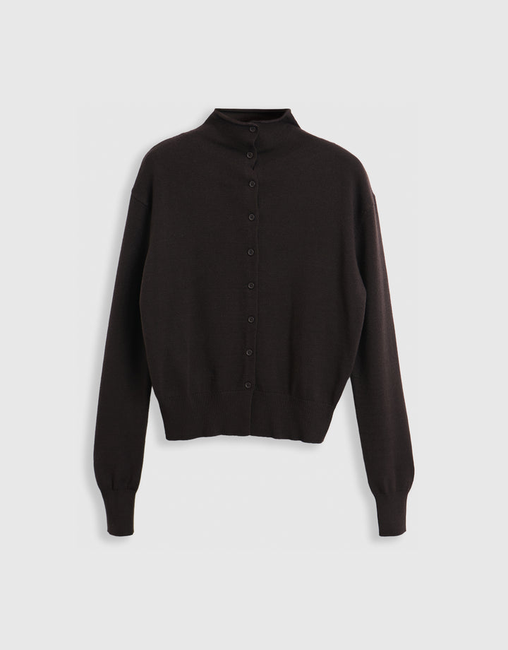 Threadbare Compact Knit Funnel Neck Cardigan in Chocolate Brown - mannequin image