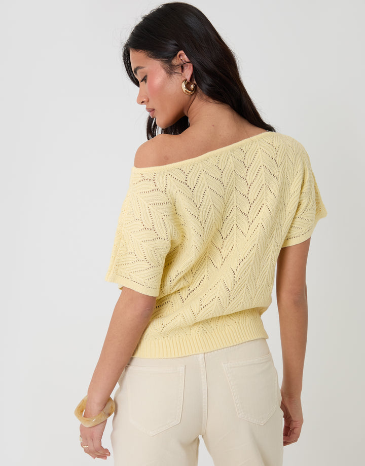 Threadbare Pointelle Knit Slash Neck Top in Yellow - back view