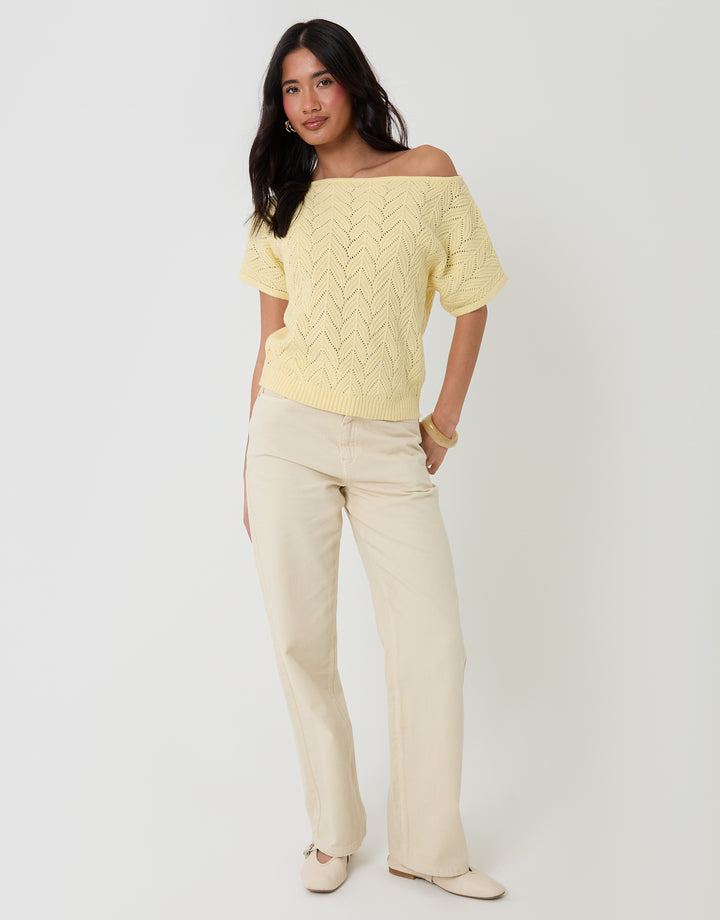 Threadbare Pointelle Knit Slash Neck Top in Yellow - full body