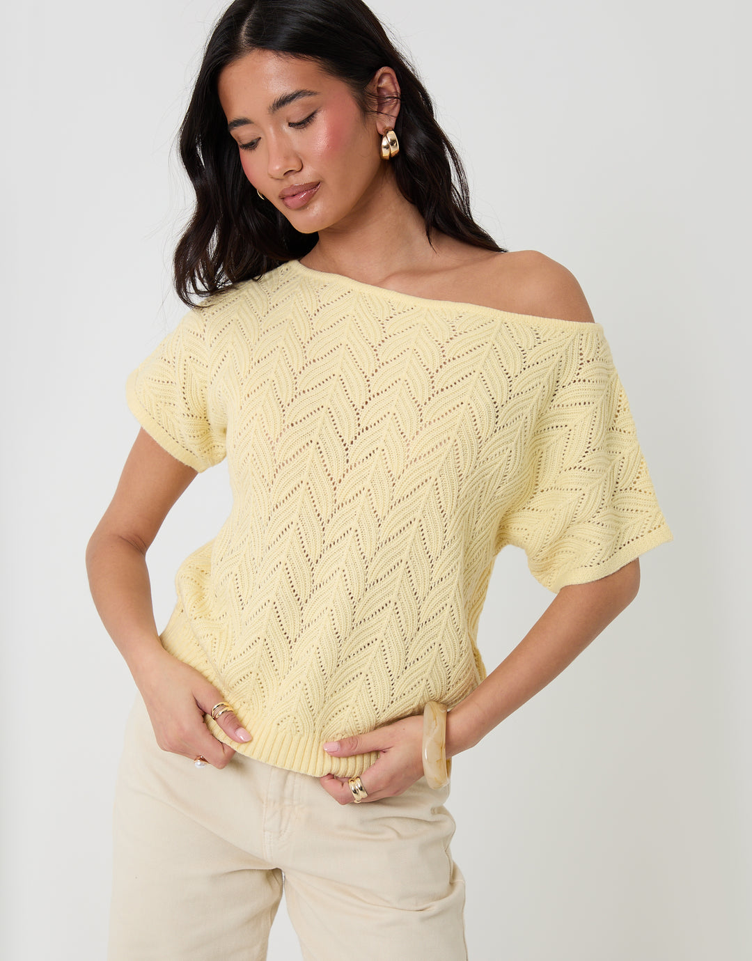 Threadbare Pointelle Knit Slash Neck Top in Yellow - close up
