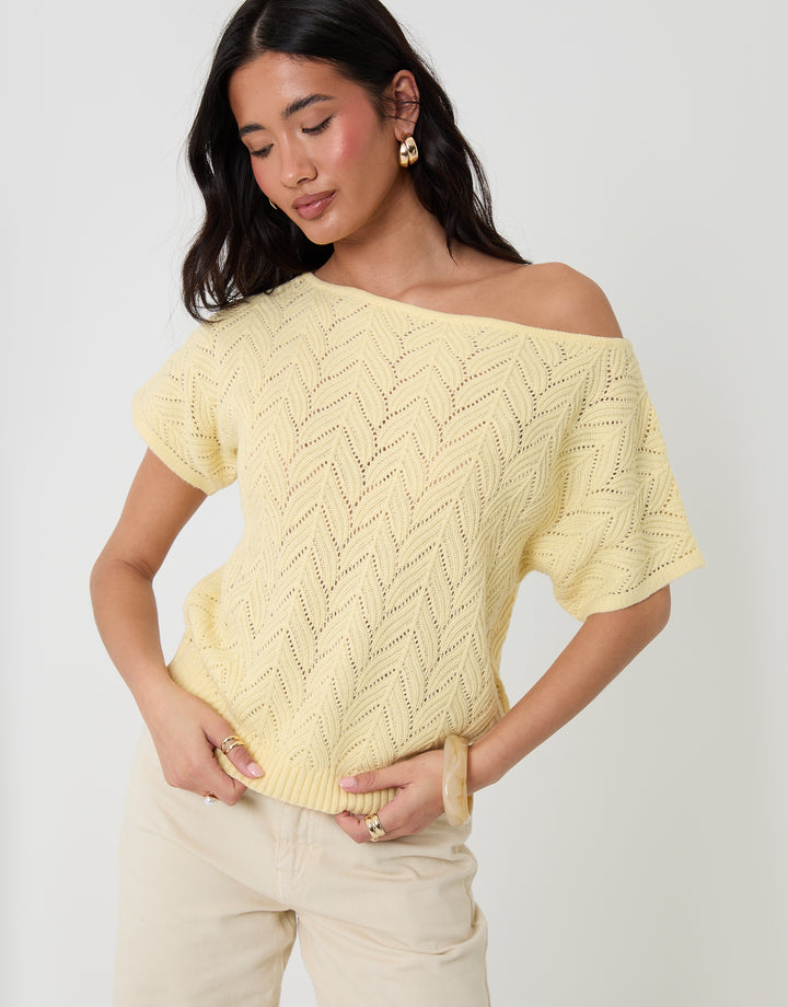Threadbare Pointelle Knit Slash Neck Top in Yellow - close up