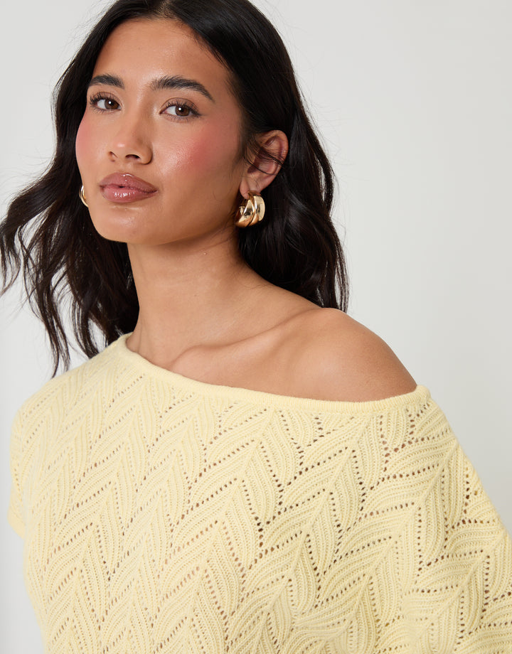 Threadbare Pointelle Knit Slash Neck Top in Yellow - close up detail