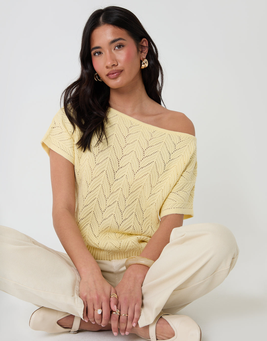 Threadbare Pointelle Knit Slash Neck Top in Yellow - sat down