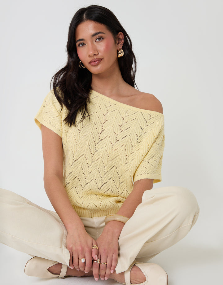 Threadbare Pointelle Knit Slash Neck Top in Yellow - sat down